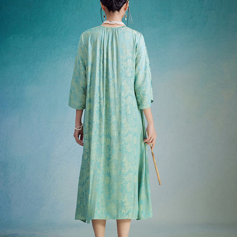 Robe mi-longue en jacquard à petites fleurs et feuilles de Buddha Stones avec poches