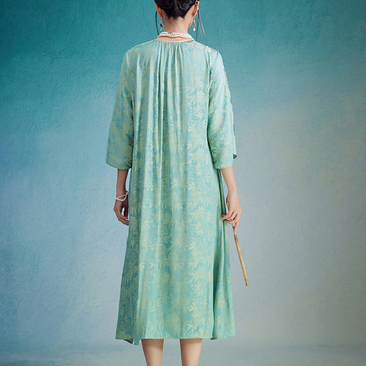 Robe mi-longue en jacquard à petites fleurs et feuilles de Buddha Stones avec poches