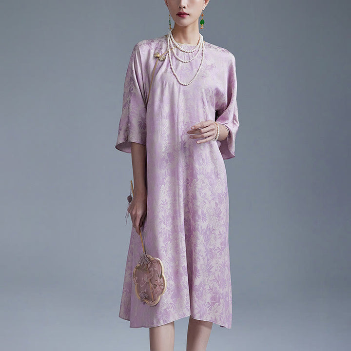 Robe mi-longue en jacquard à petites fleurs et feuilles de Buddha Stones avec poches - Violet - US12，UK/AU16，EU44 (XL) - image 6