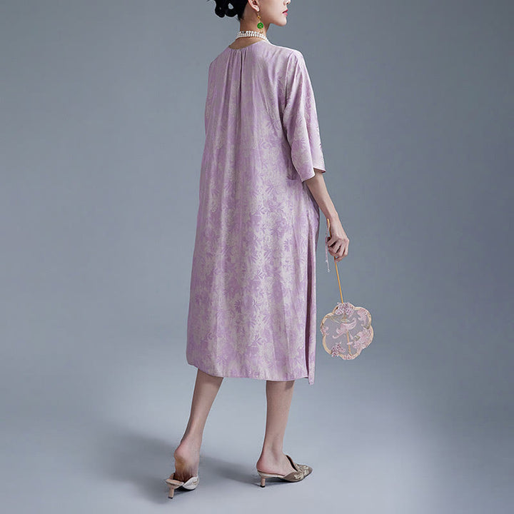 Robe mi-longue en jacquard à petites fleurs et feuilles de Buddha Stones avec poches