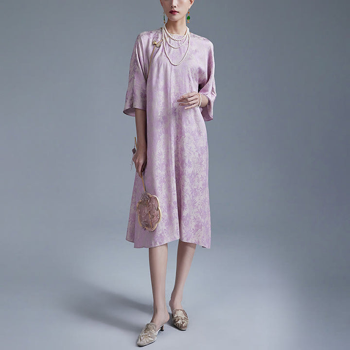 Robe mi-longue en jacquard à petites fleurs et feuilles de Buddha Stones avec poches
