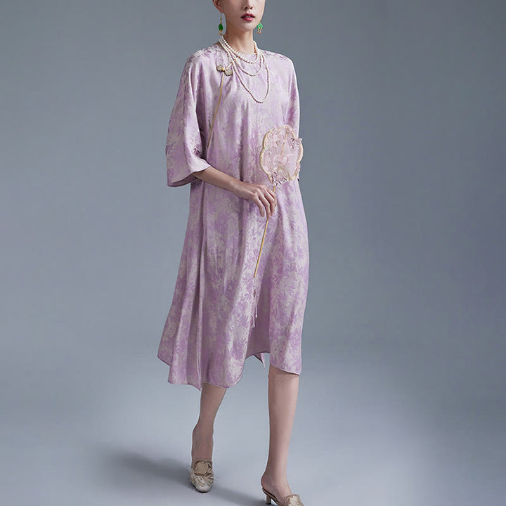 Robe mi-longue en jacquard à petites fleurs et feuilles de Buddha Stones avec poches