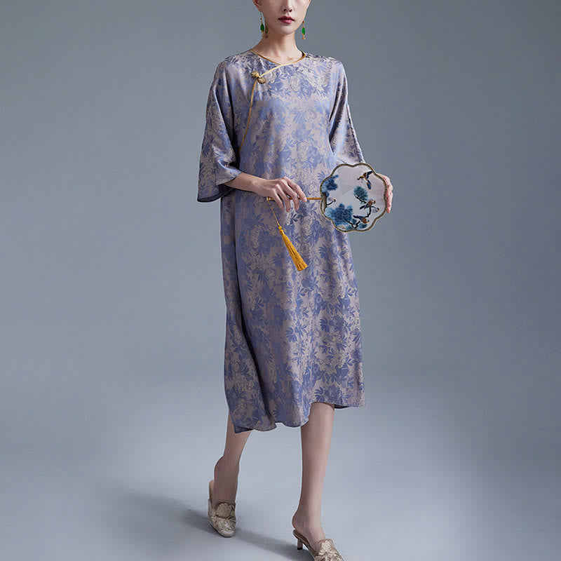 Robe mi-longue en jacquard à petites fleurs et feuilles de Buddha Stones avec poches