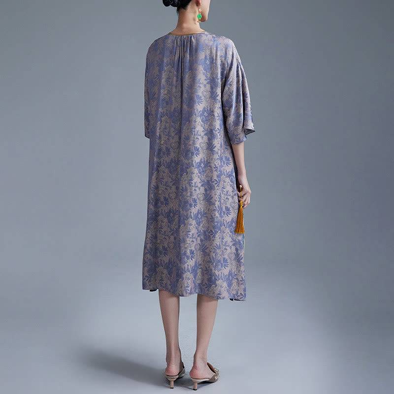 Robe mi-longue en jacquard à petites fleurs et feuilles de Buddha Stones avec poches