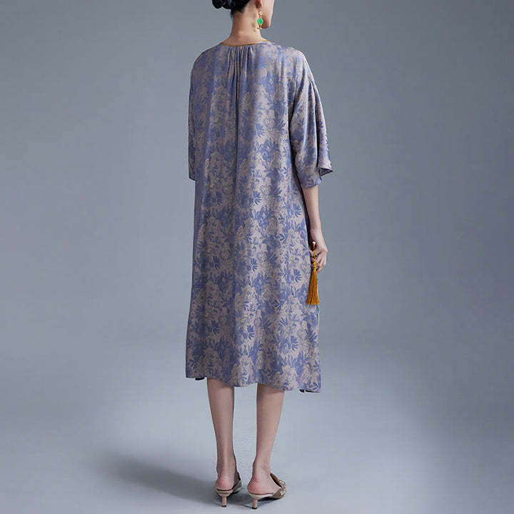 Robe mi-longue en jacquard à petites fleurs et feuilles de Buddha Stones avec poches