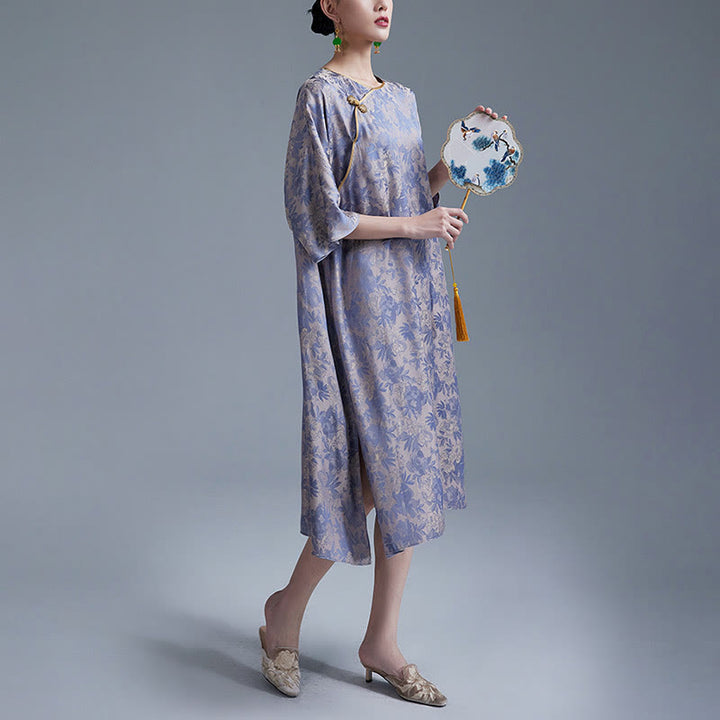 Robe mi-longue en jacquard à petites fleurs et feuilles de Buddha Stones avec poches