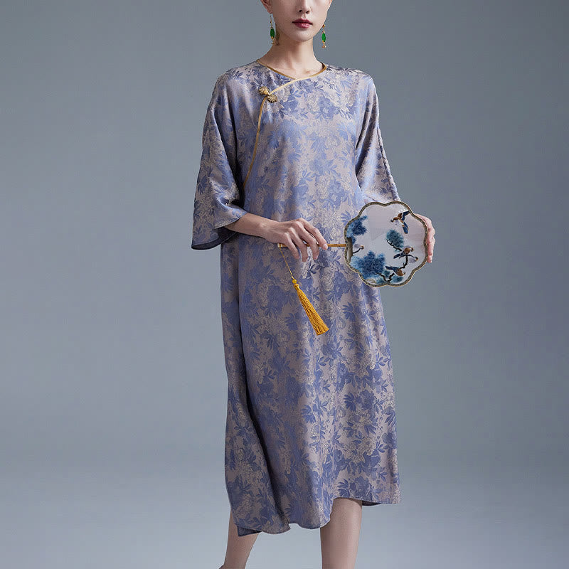 Robe mi-longue en jacquard à petites fleurs et feuilles de Buddha Stones avec poches
