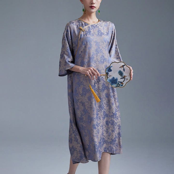 Robe mi-longue en jacquard à petites fleurs et feuilles de Buddha Stones avec poches