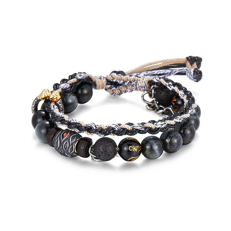 Bracelet de guérison fait main en argent sterling 925 avec Buddha Stones de lave et œil d'aigle