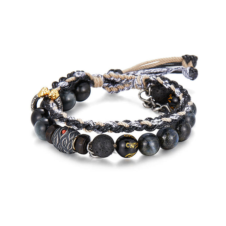 Bracelet de guérison fait main en argent sterling 925 avec Buddha Stones de lave et œil d'aigle