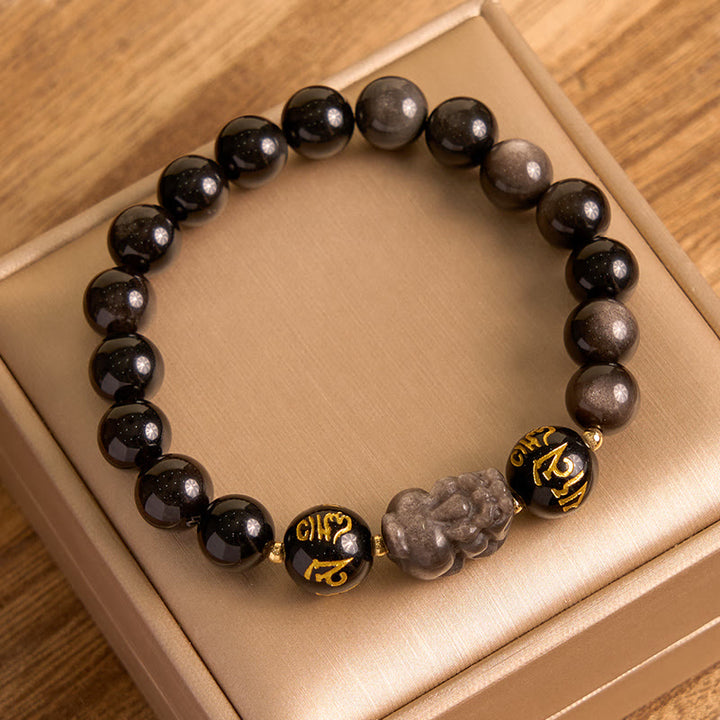 Bracelet de protection Om Mani Padme Hum Pixiu en obsidienne noire et Buddha Stones naturelles brillantes argentées