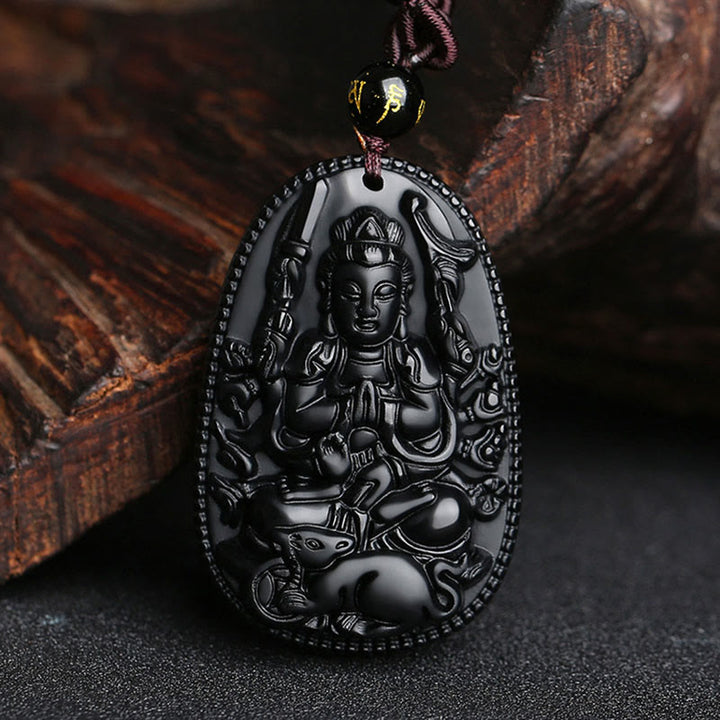 Collier pendentif de purification en obsidienne noire naturelle avec Buddha Stones et zodiaque chinois