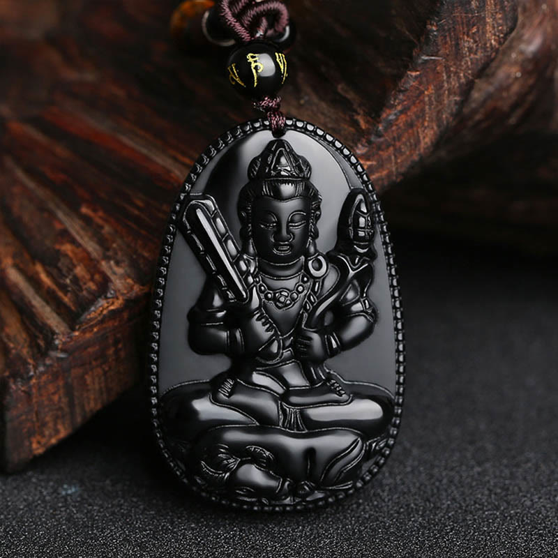 Collier pendentif de purification en obsidienne noire naturelle avec Buddha Stones et zodiaque chinois