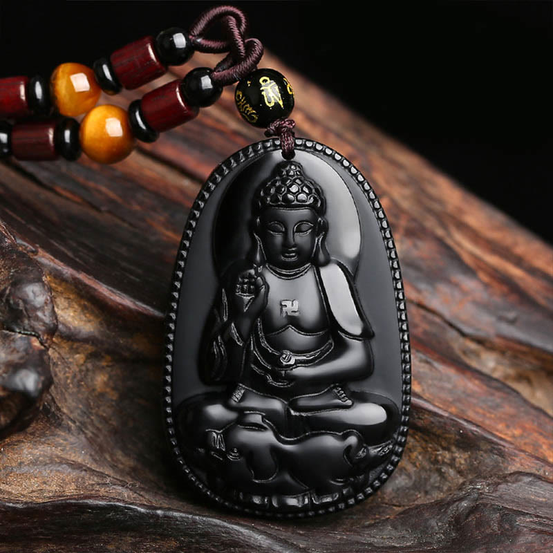 Collier pendentif de purification en obsidienne noire naturelle avec Buddha Stones et zodiaque chinois - Bouddha Cochon-Amitabha - image 0