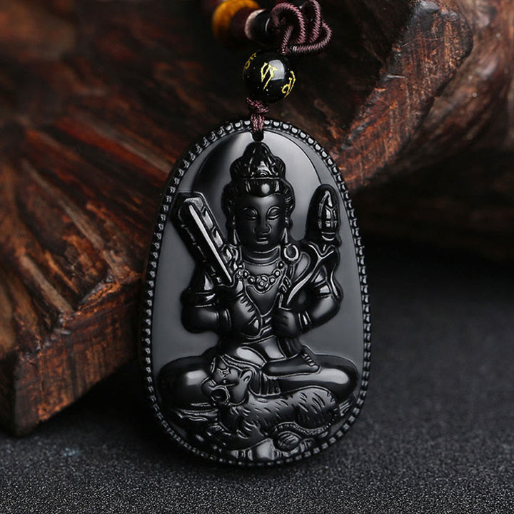 Collier pendentif de purification en obsidienne noire naturelle avec Buddha Stones et zodiaque chinois