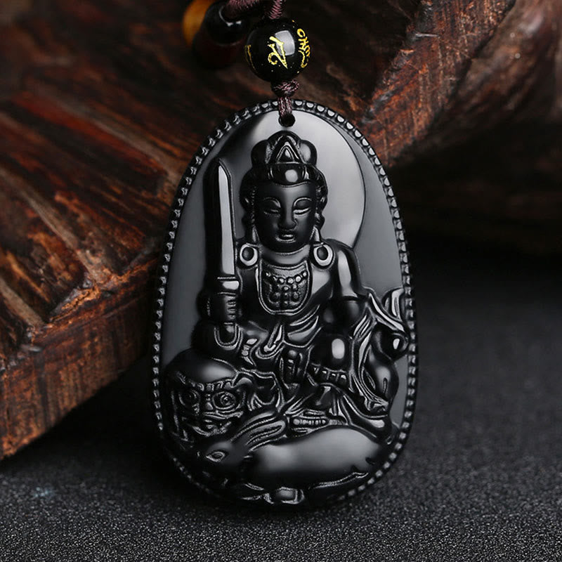 Collier pendentif de purification en obsidienne noire naturelle avec Buddha Stones et zodiaque chinois