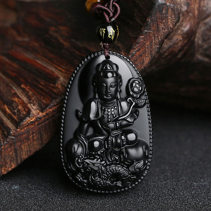 Collier pendentif de purification en obsidienne noire naturelle avec Buddha Stones et zodiaque chinois - Bodhisattva Dragon-Samantabhadra - image 17