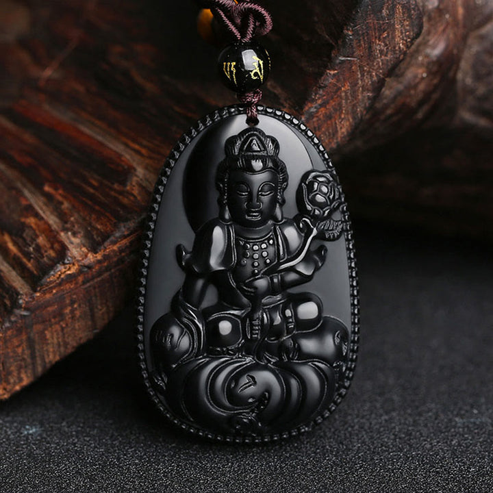 Collier pendentif de purification en obsidienne noire naturelle avec Buddha Stones et zodiaque chinois