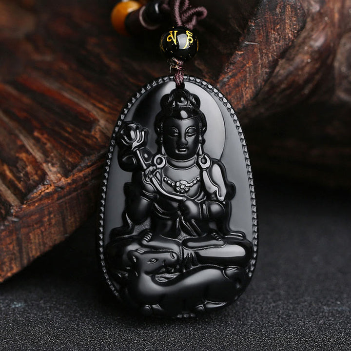 Collier pendentif de purification en obsidienne noire naturelle avec Buddha Stones et zodiaque chinois