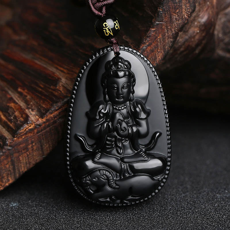 Collier pendentif de purification en obsidienne noire naturelle avec Buddha Stones et zodiaque chinois