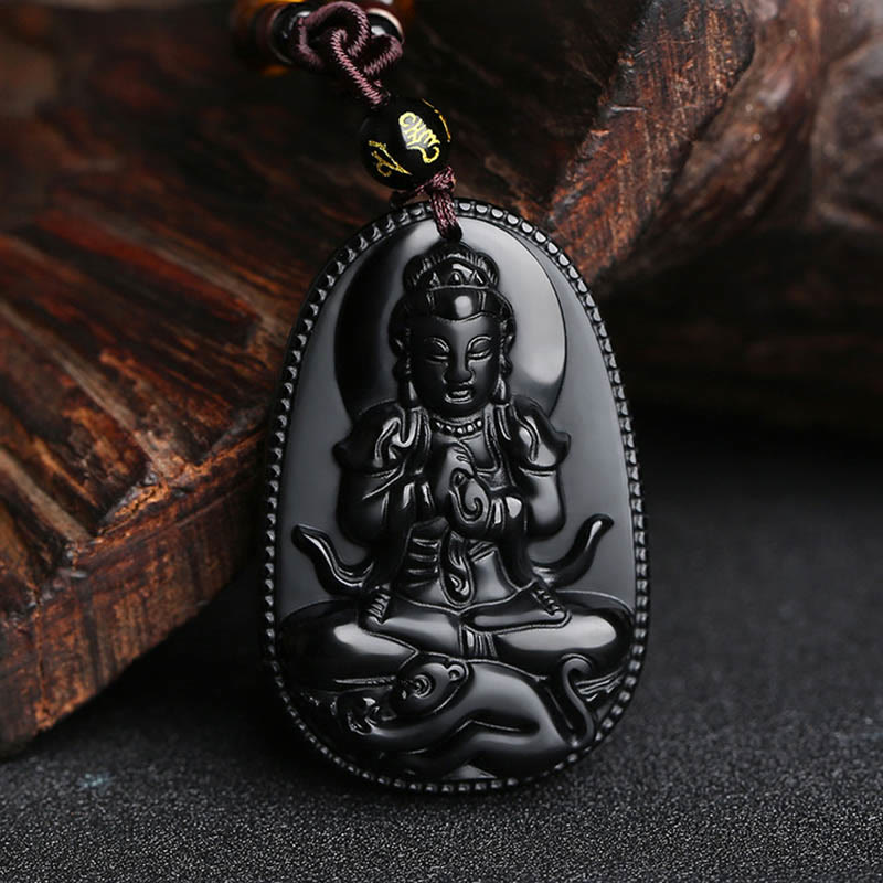 Collier pendentif de purification en obsidienne noire naturelle avec Buddha Stones et zodiaque chinois