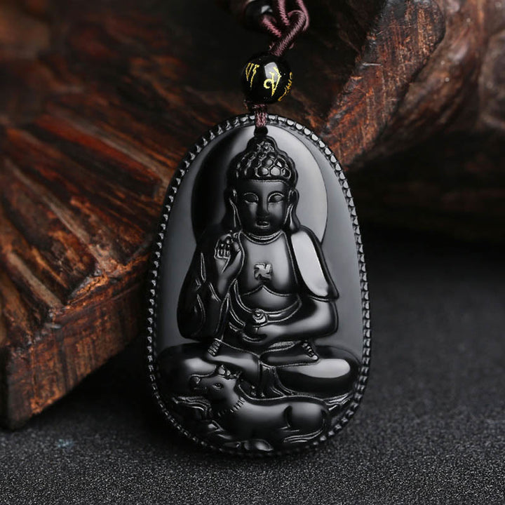 Collier pendentif de purification en obsidienne noire naturelle avec Buddha Stones et zodiaque chinois