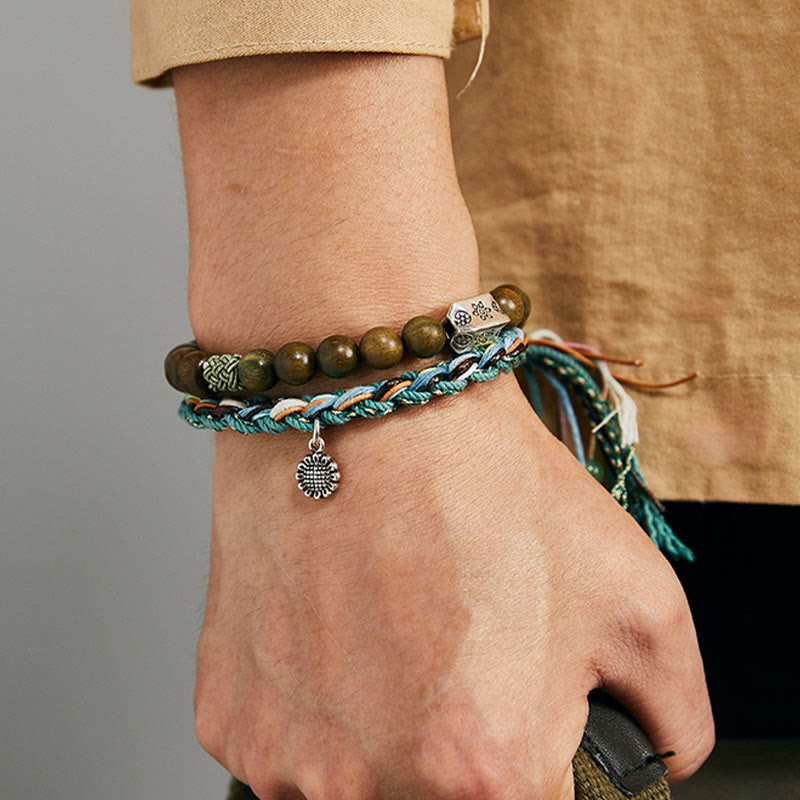 Bracelet positif fait main en argent sterling 925 avec graines de Bodhi et bois de santal vert et Buddha Stones