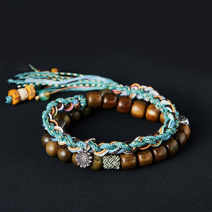 Bracelet positif fait main en argent sterling 925 avec graines de Bodhi et bois de santal vert et Buddha Stones