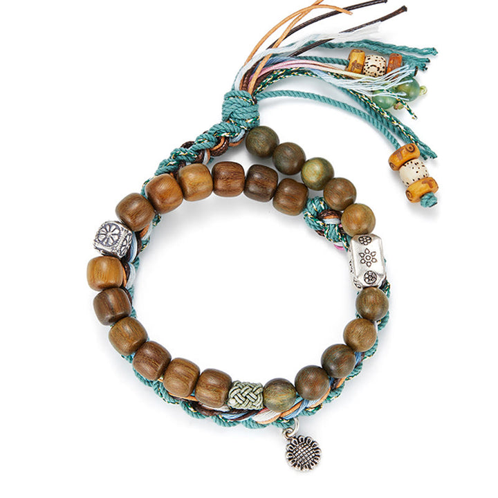 Bracelet positif fait main en argent sterling 925 avec graines de Bodhi et bois de santal vert et Buddha Stones