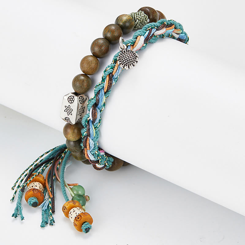 Bracelet positif fait main en argent sterling 925 avec graines de Bodhi et bois de santal vert et Buddha Stones