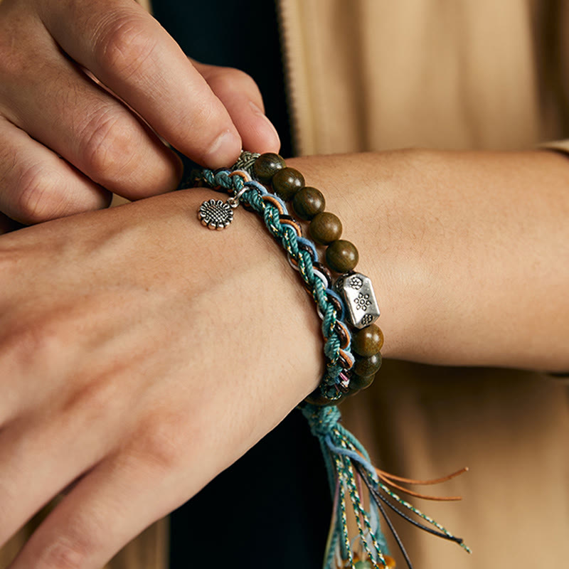 Bracelet positif fait main en argent sterling 925 avec graines de Bodhi et bois de santal vert et Buddha Stones