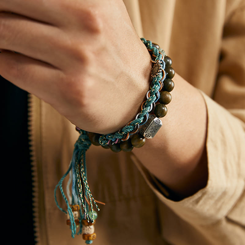 Bracelet positif fait main en argent sterling 925 avec graines de Bodhi et bois de santal vert et Buddha Stones