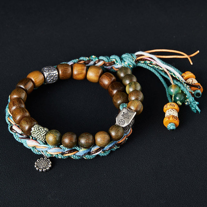 Bracelet positif fait main en argent sterling 925 avec graines de Bodhi et bois de santal vert et Buddha Stones