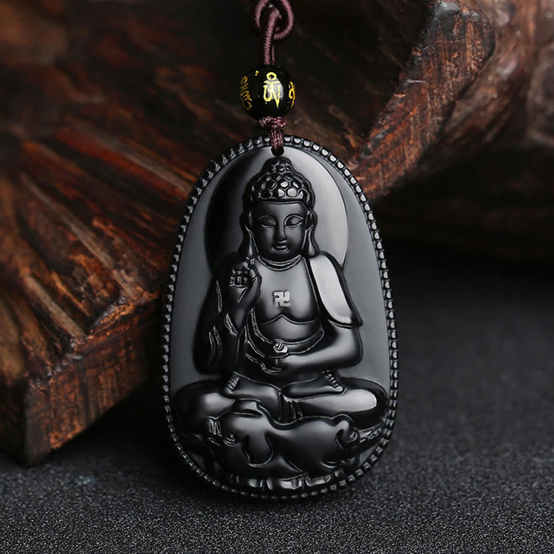 Collier pendentif de purification en obsidienne noire naturelle avec Buddha Stones et zodiaque chinois