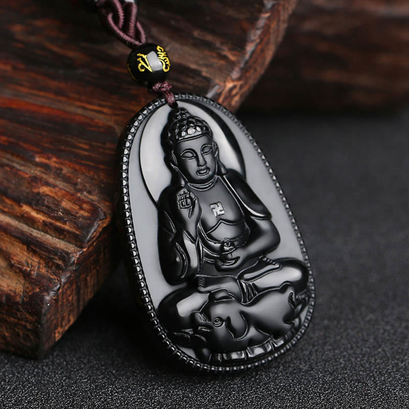 Collier pendentif de purification en obsidienne noire naturelle avec Buddha Stones et zodiaque chinois