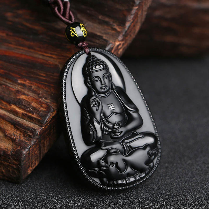 Collier pendentif de purification en obsidienne noire naturelle avec Buddha Stones et zodiaque chinois