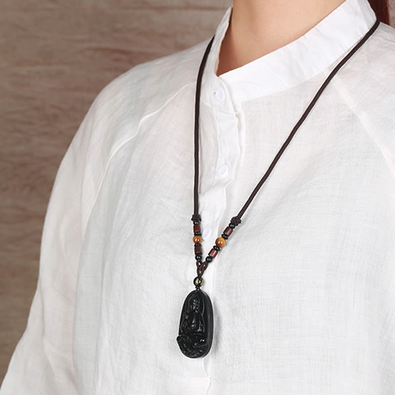 Collier pendentif de purification en obsidienne noire naturelle avec Buddha Stones et zodiaque chinois