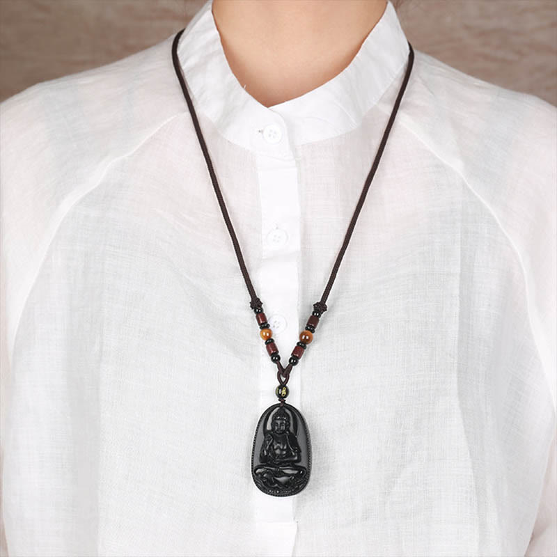 Collier pendentif de purification en obsidienne noire naturelle avec Buddha Stones et zodiaque chinois