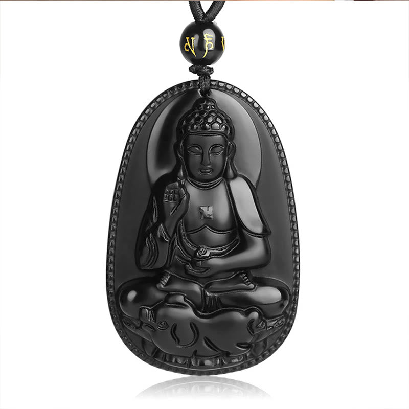 Collier pendentif de purification en obsidienne noire naturelle avec Buddha Stones et zodiaque chinois