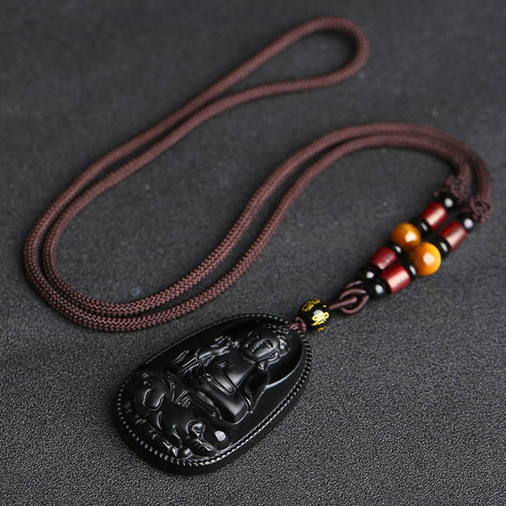Collier pendentif de purification en obsidienne noire naturelle avec Buddha Stones et zodiaque chinois