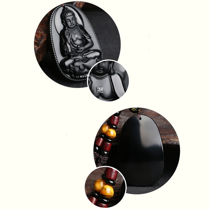 Collier pendentif de purification en obsidienne noire naturelle avec Buddha Stones et zodiaque chinois