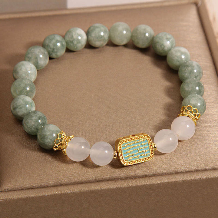 Bracelet d'abondance en Buddha Stones en jade vert naturel et agate blanche avec cinq écritures