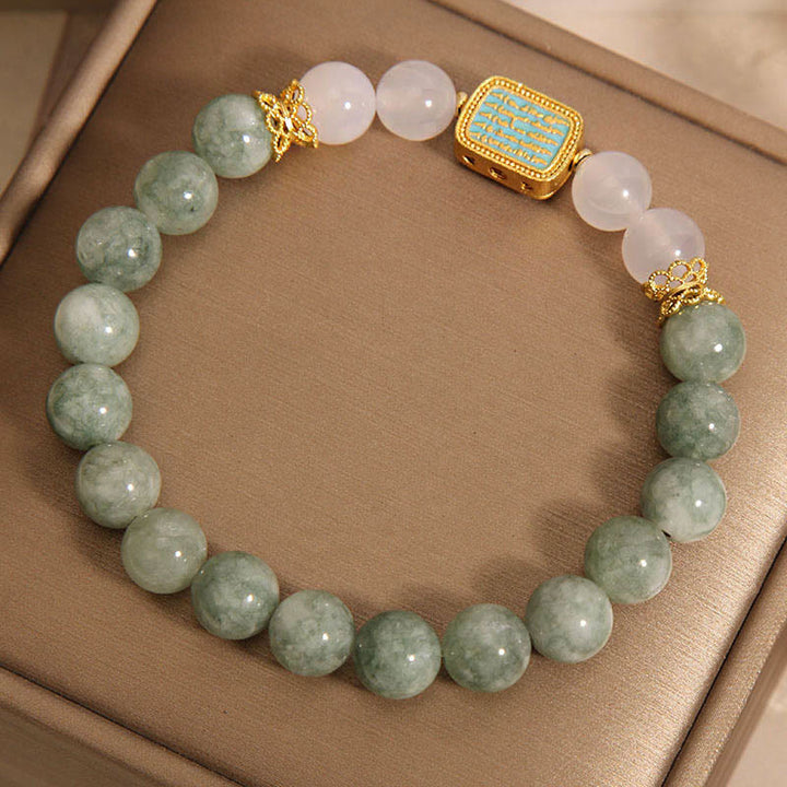 Bracelet d'abondance en Buddha Stones en jade vert naturel et agate blanche avec cinq écritures