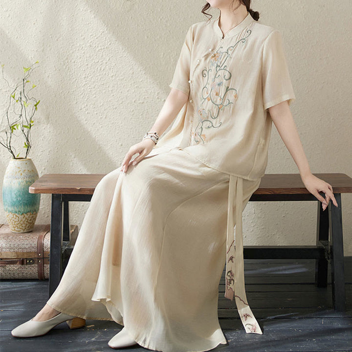 Ensemble 2 pièces t-shirt à manches courtes et pantalon à jambe large avec broderie de fleurs Buddha Stones - image 4