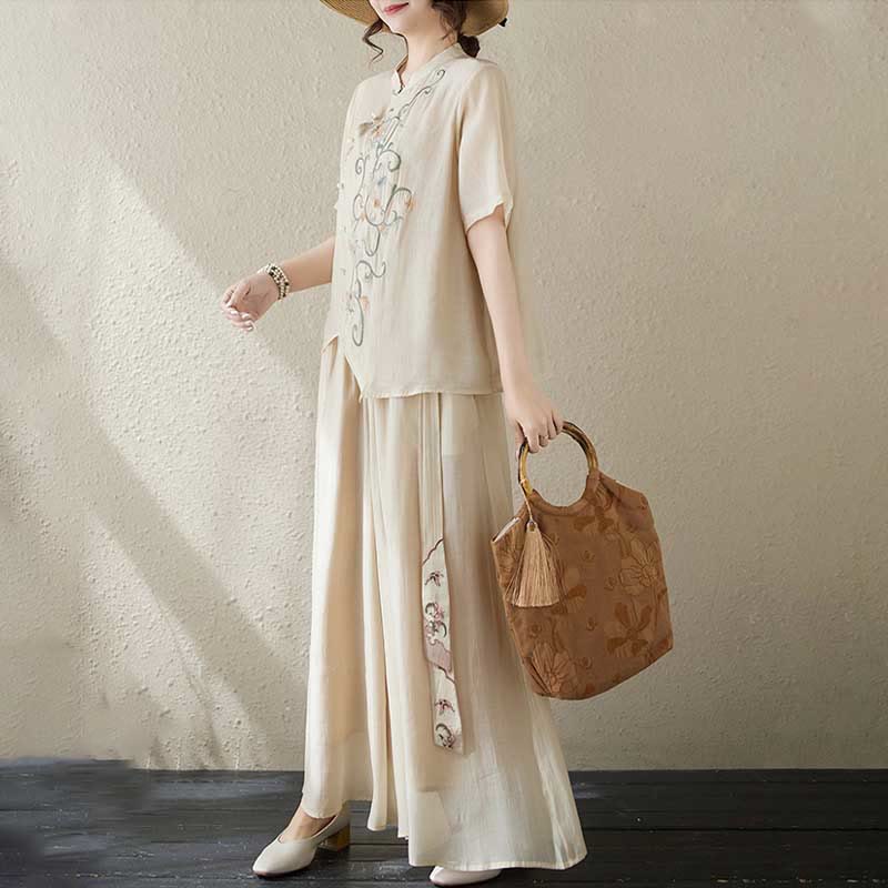 Ensemble 2 pièces t-shirt à manches courtes et pantalon à jambe large avec broderie de fleurs Buddha Stones - image 3