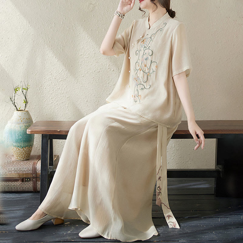 Ensemble 2 pièces t-shirt à manches courtes et pantalon à jambe large avec broderie de fleurs Buddha Stones - image 7