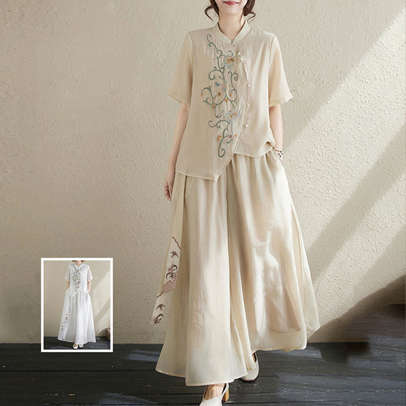 Ensemble 2 pièces t-shirt à manches courtes et pantalon à jambe large avec broderie de fleurs Buddha Stones - image 8