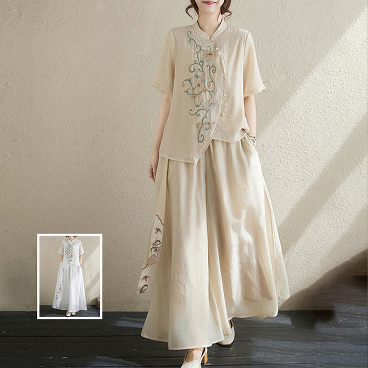 Ensemble 2 pièces t-shirt à manches courtes et pantalon à jambe large avec broderie de fleurs Buddha Stones - image 8