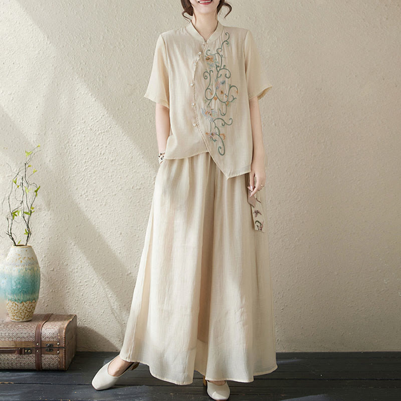 Ensemble 2 pièces t-shirt à manches courtes et pantalon à jambe large avec broderie de fleurs Buddha Stones - image 6