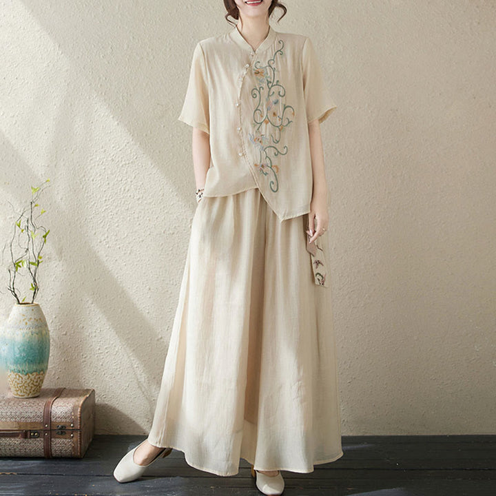 Ensemble 2 pièces t-shirt à manches courtes et pantalon à jambe large avec broderie de fleurs Buddha Stones - image 6